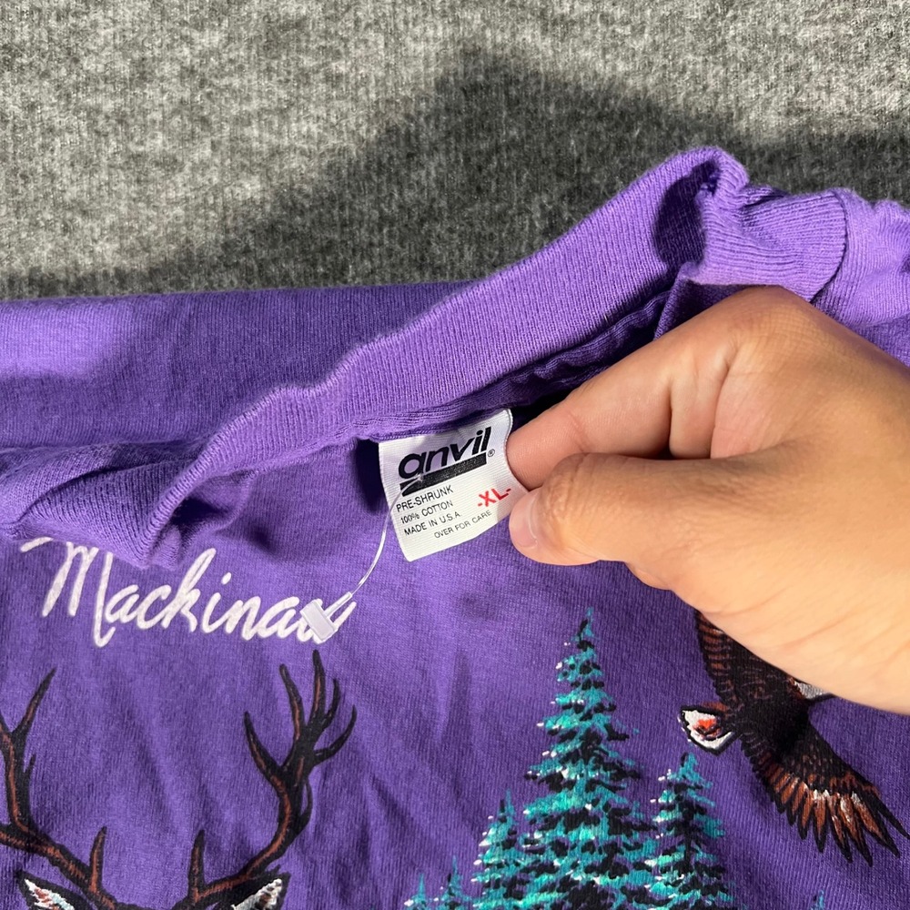 Vintage 90s Mackinac Save Our American Wildlife T-Shirt Purple Anvil XL Nature - Picture 3 of 4